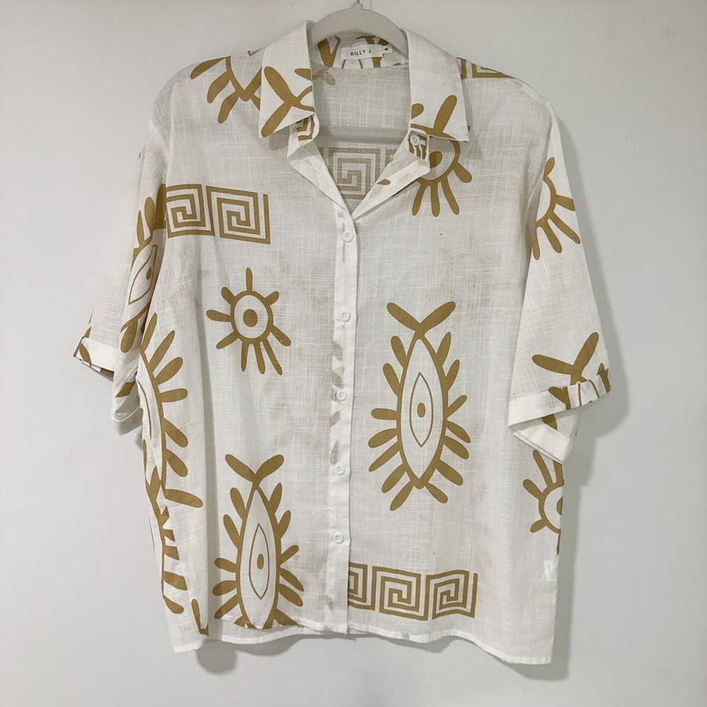 Billy J Shirt Womens Small White Cotton‎ Greek Key Evil Eye Short Sleeve Blouse